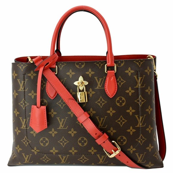 LOUIS VUITTON Flower Monogram Canvas Tote Shoulder Bag Brown/Red